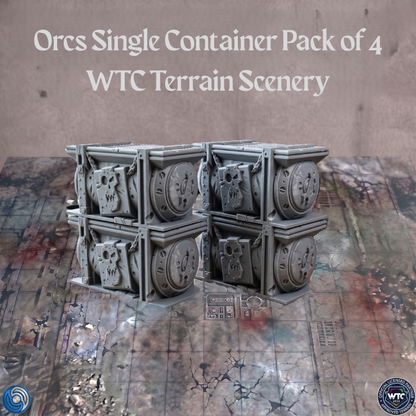 Wargaming terrain scenery pack labeled 'Orcs Single Container Pack of 4' by WTC on a textured surface.
