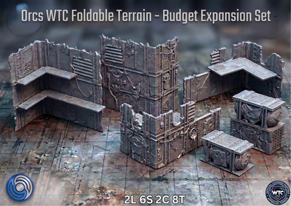 Orcs WTC Foldable Terrain - Budget Expansion Set on a wooden surface with a blurred background