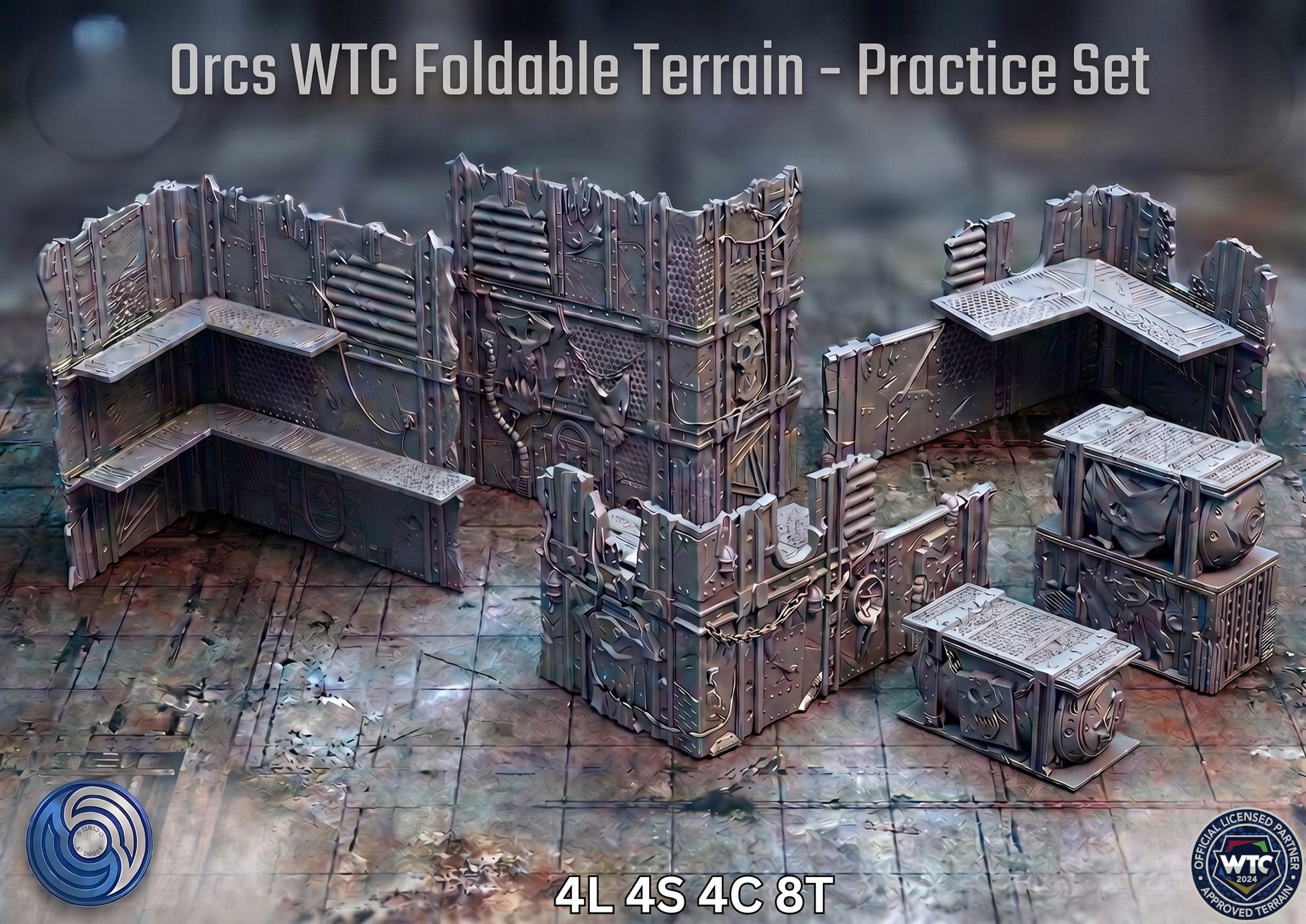 Orcs WTC Foldable Terrain Practice Set on a textured surface with a blurred background