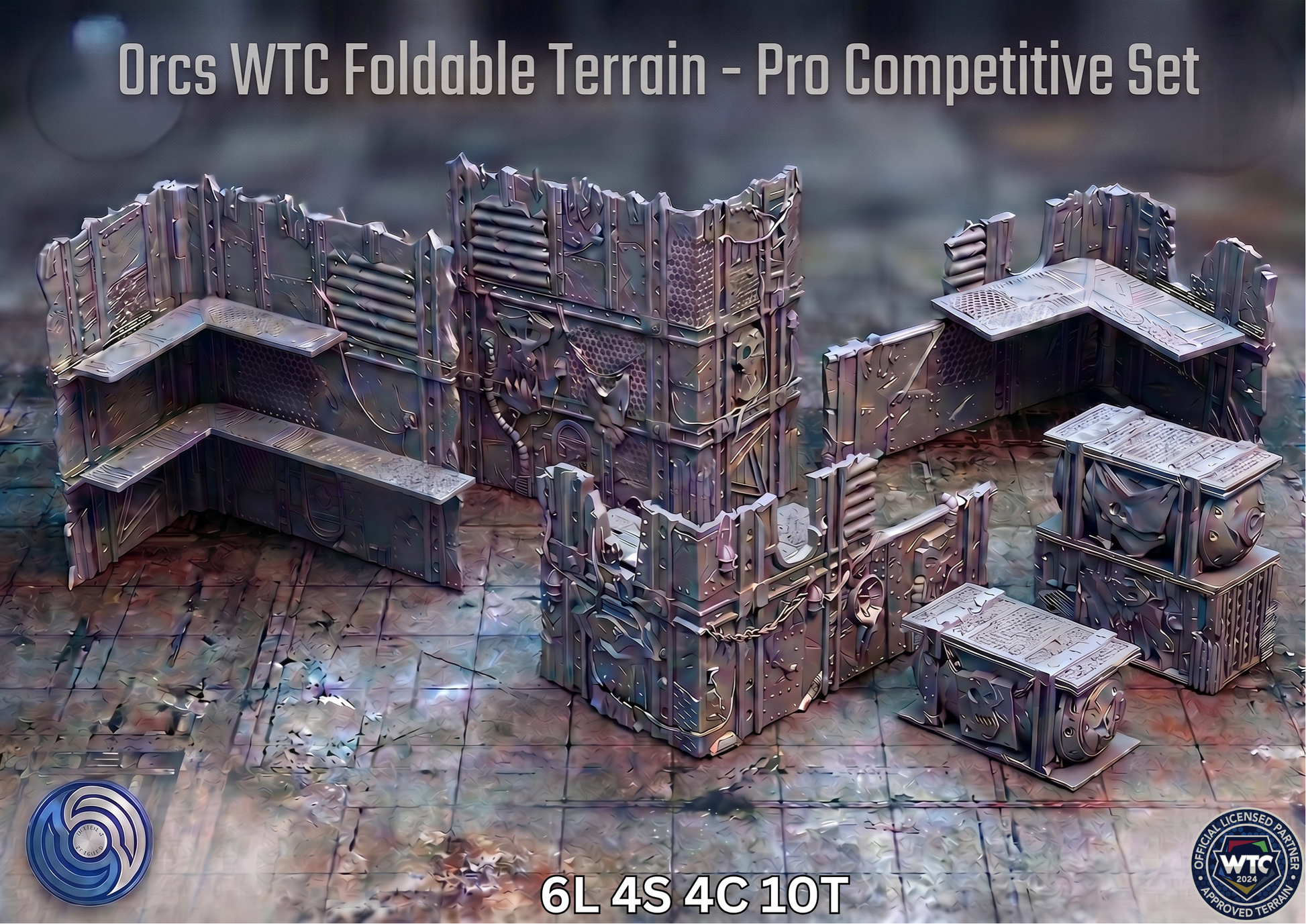 Orcs WTC Foldable Terrain Pro Competitive Set on a wooden surface with a blurred background