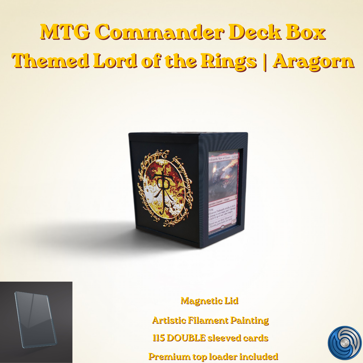 Aragorn King of Gondor MTG Commander deck box — 3D printed PLA+, handcrafted in the UK. Features Aragorn wielding Andúril in crimson and gold, One Ring Elvish rune inscriptions, magnetic closure, holds 115+ double sleeved cards, hero display compartment included. Perfect for MTG EDH, Lord of the Rings TCG, Lorcana and Pokémon TCG fans.