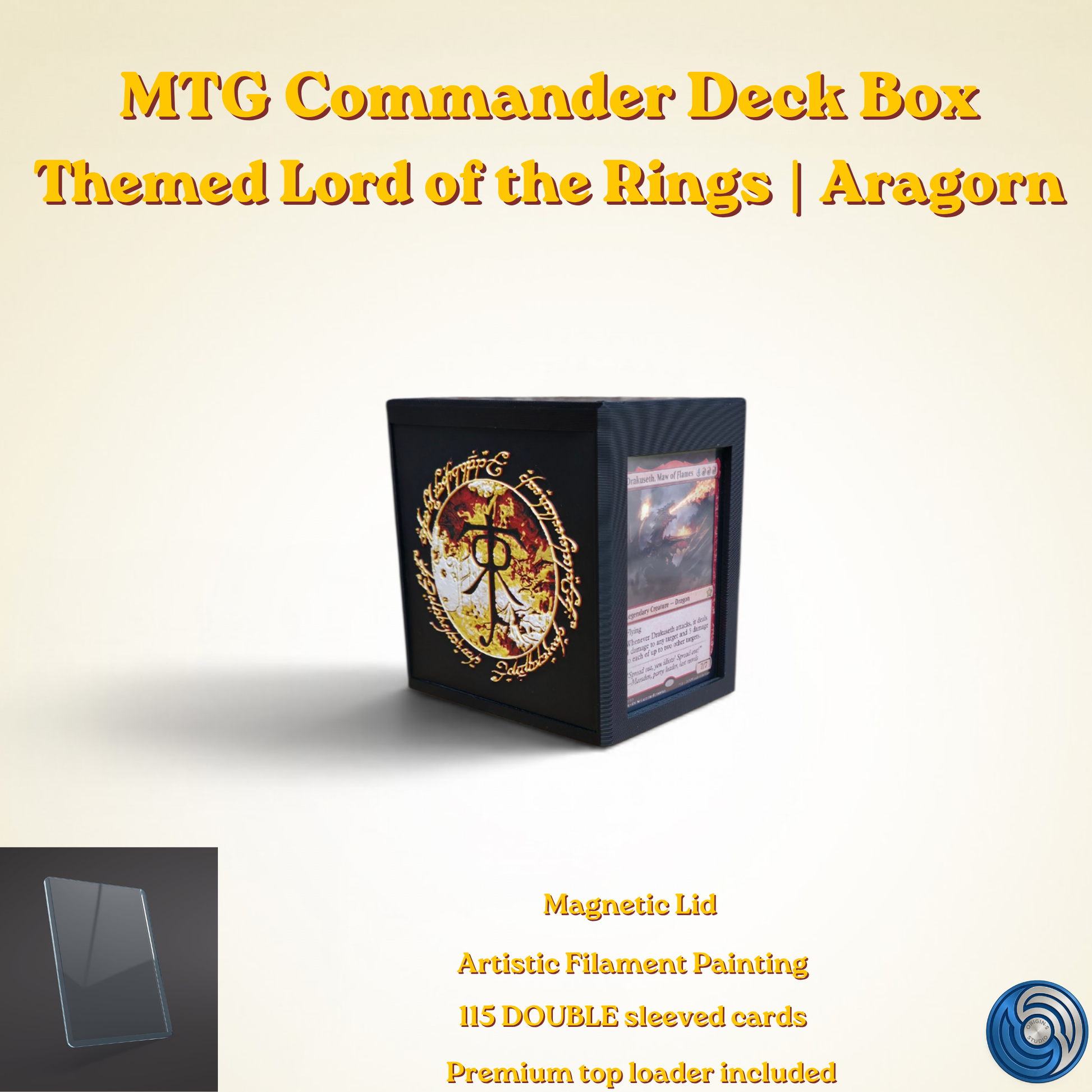 Aragorn King of Gondor MTG Commander deck box — 3D printed PLA+, handcrafted in the UK. Features Aragorn wielding Andúril in crimson and gold, One Ring Elvish rune inscriptions, magnetic closure, holds 115+ double sleeved cards, hero display compartment included. Perfect for MTG EDH, Lord of the Rings TCG, Lorcana and Pokémon TCG fans.