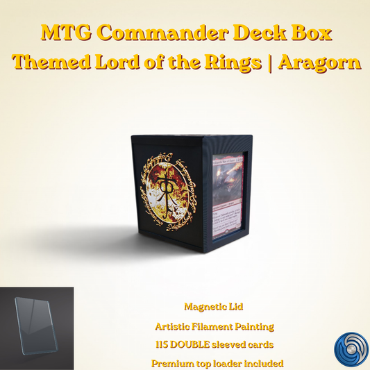 Aragorn King of Gondor MTG Commander deck box — 3D printed PLA+, handcrafted in the UK. Features Aragorn wielding Andúril in crimson and gold, One Ring Elvish rune inscriptions, magnetic closure, holds 115+ double sleeved cards, hero display compartment included. Perfect for MTG EDH, Lord of the Rings TCG, Lorcana and Pokémon TCG fans.