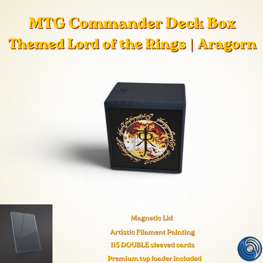 Aragorn King of Gondor MTG Commander deck box — 3D printed PLA+, handcrafted in the UK. Features Aragorn wielding Andúril in crimson and gold, One Ring Elvish rune inscriptions, magnetic closure, holds 115+ double sleeved cards, hero display compartment included. Perfect for MTG EDH, Lord of the Rings TCG, Lorcana and Pokémon TCG fans.