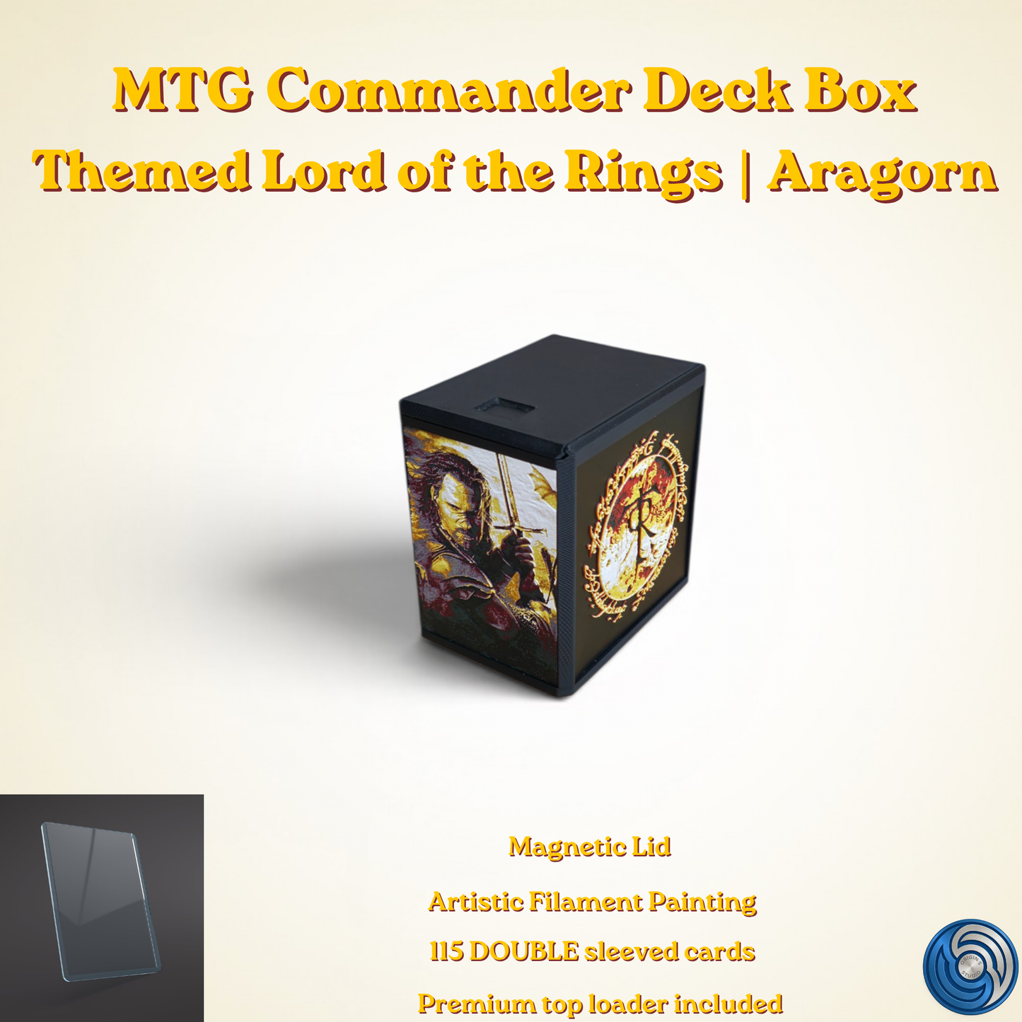 Aragorn King of Gondor MTG Commander deck box — 3D printed PLA+, handcrafted in the UK. Features Aragorn wielding Andúril in crimson and gold, One Ring Elvish rune inscriptions, magnetic closure, holds 115+ double sleeved cards, hero display compartment included. Perfect for MTG EDH, Lord of the Rings TCG, Lorcana and Pokémon TCG fans.