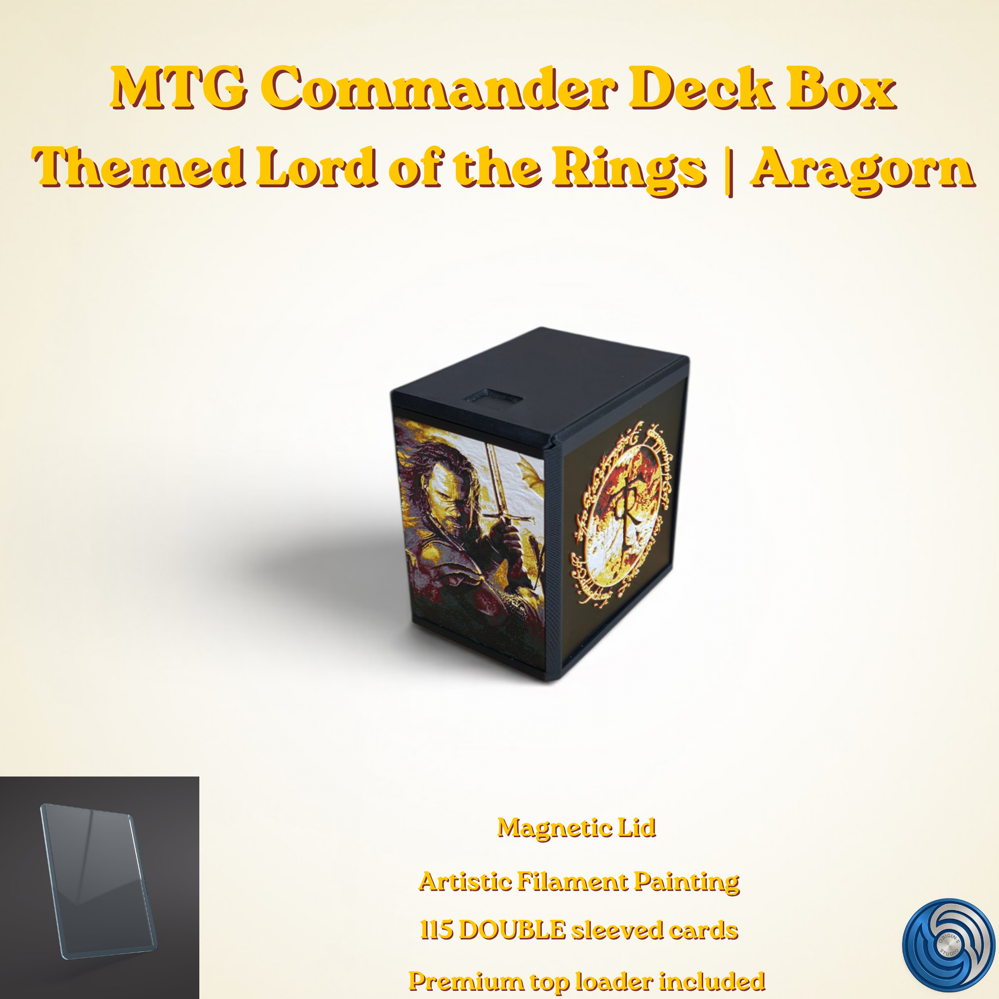 Aragorn King of Gondor MTG Commander deck box — 3D printed PLA+, handcrafted in the UK. Features Aragorn wielding Andúril in crimson and gold, One Ring Elvish rune inscriptions, magnetic closure, holds 115+ double sleeved cards, hero display compartment included. Perfect for MTG EDH, Lord of the Rings TCG, Lorcana and Pokémon TCG fans.