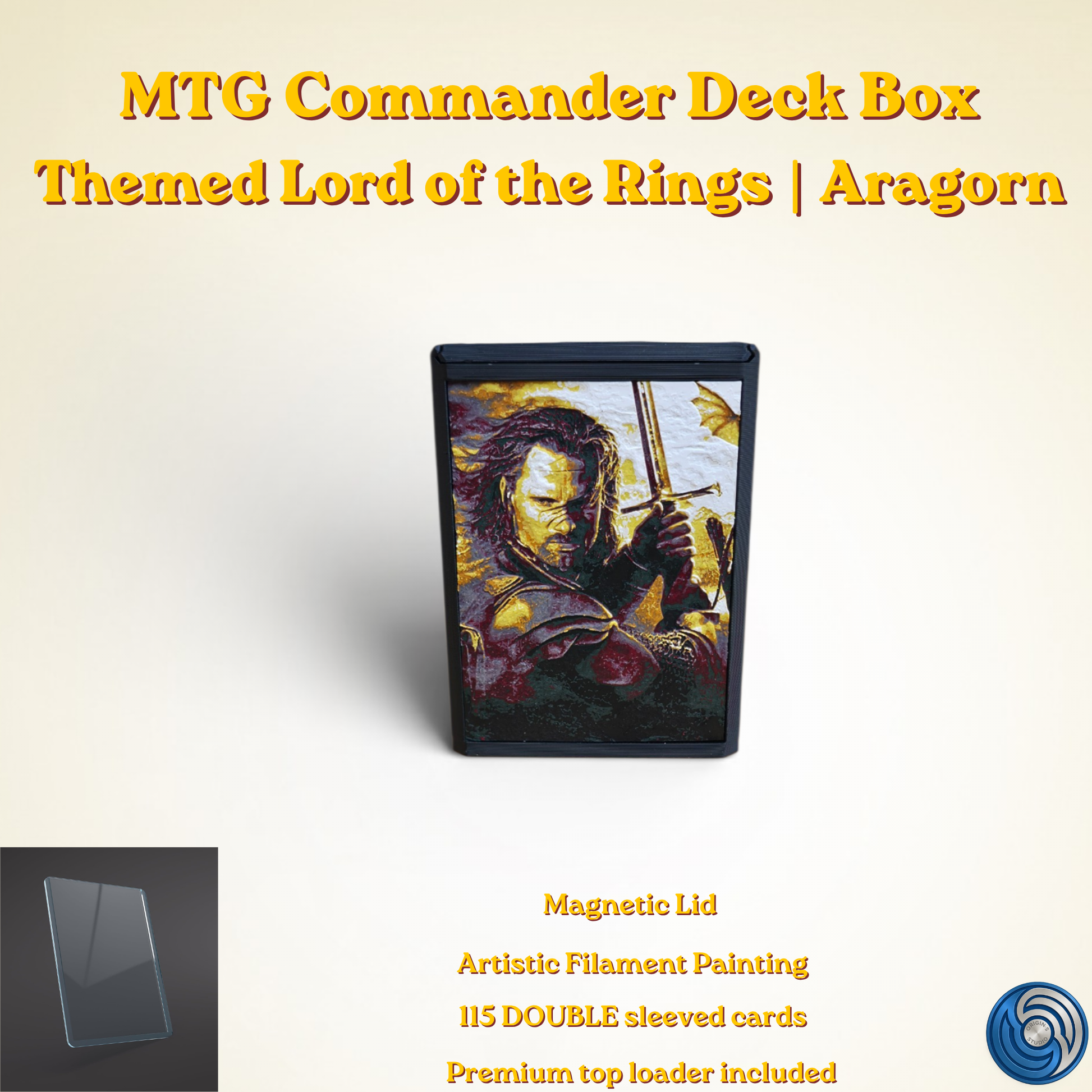 Aragorn King of Gondor MTG Commander deck box — 3D printed PLA+, handcrafted in the UK. Features Aragorn wielding Andúril in crimson and gold, One Ring Elvish rune inscriptions, magnetic closure, holds 115+ double sleeved cards, hero display compartment included. Perfect for MTG EDH, Lord of the Rings TCG, Lorcana and Pokémon TCG fans.