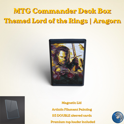 Aragorn King of Gondor MTG Commander deck box — 3D printed PLA+, handcrafted in the UK. Features Aragorn wielding Andúril in crimson and gold, One Ring Elvish rune inscriptions, magnetic closure, holds 115+ double sleeved cards, hero display compartment included. Perfect for MTG EDH, Lord of the Rings TCG, Lorcana and Pokémon TCG fans.
