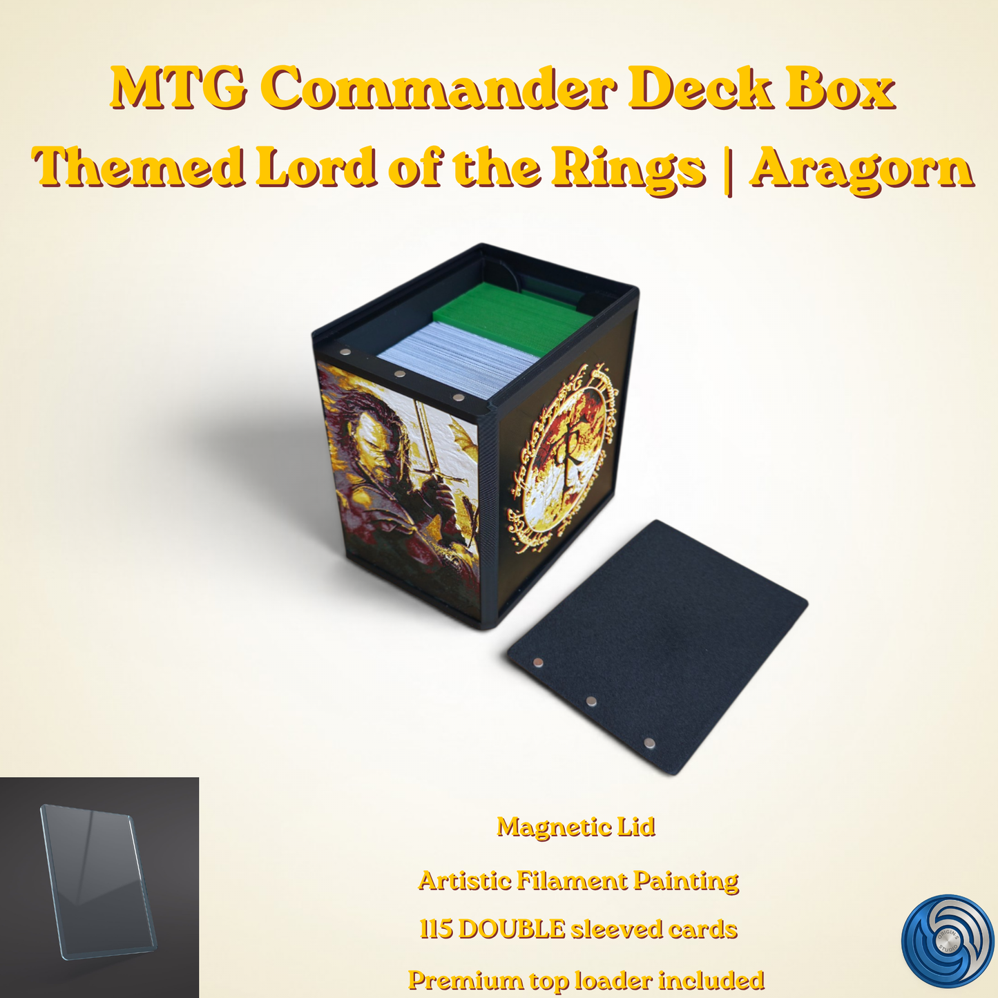 Aragorn King of Gondor MTG Commander deck box — 3D printed PLA+, handcrafted in the UK. Features Aragorn wielding Andúril in crimson and gold, One Ring Elvish rune inscriptions, magnetic closure, holds 115+ double sleeved cards, hero display compartment included. Perfect for MTG EDH, Lord of the Rings TCG, Lorcana and Pokémon TCG fans.