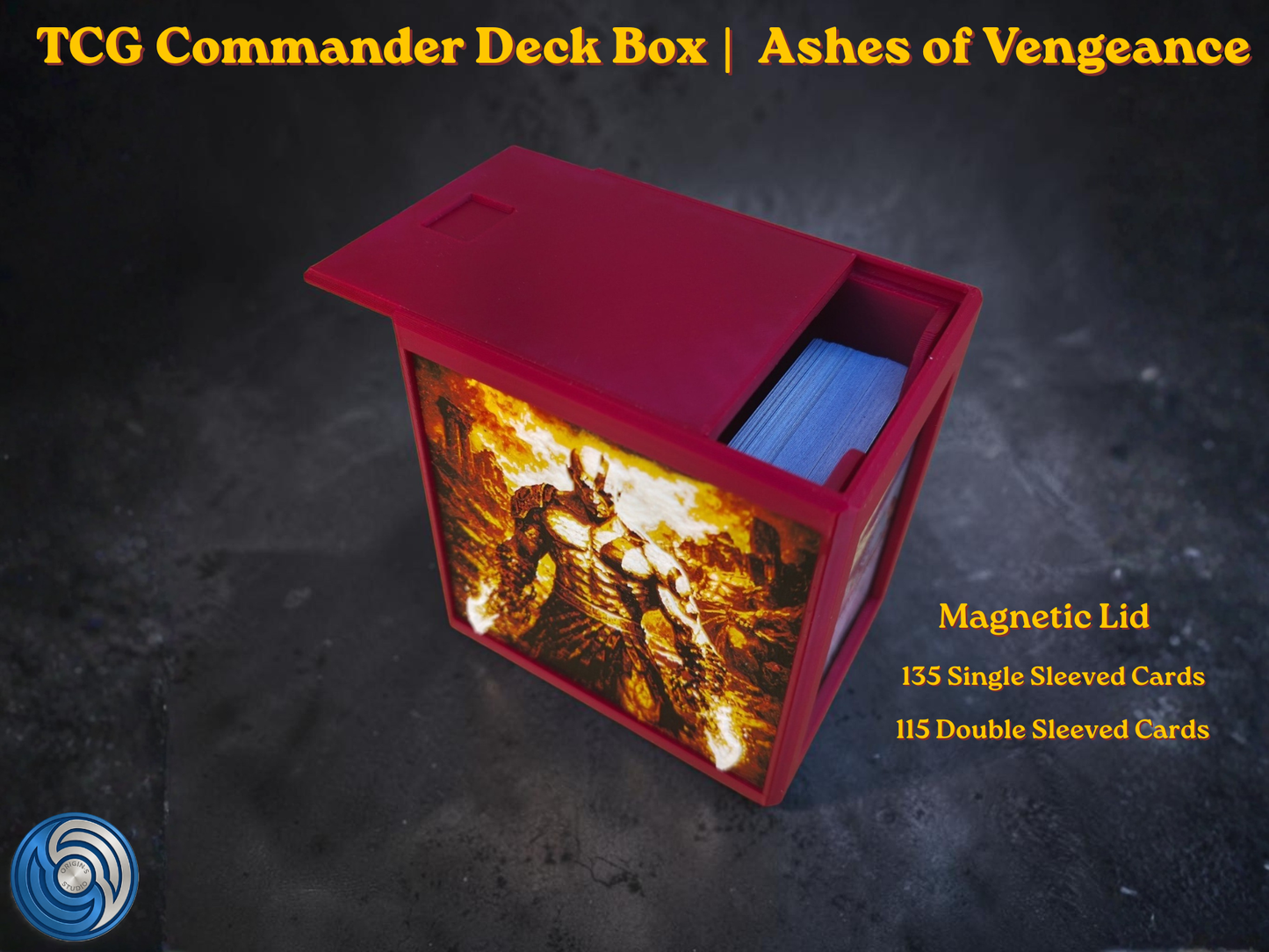 Premium MTG Commander Vault Box for TCG decks, featuring a custom 3D printed, textured relief panels, and a secure storage vault for 100+ sleeved cards. Ashes of Vengeance