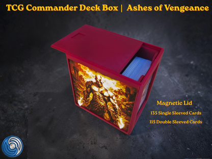 Premium MTG Commander Vault Box for TCG decks, featuring a custom 3D printed, textured relief panels, and a secure storage vault for 100+ sleeved cards. Ashes of Vengeance