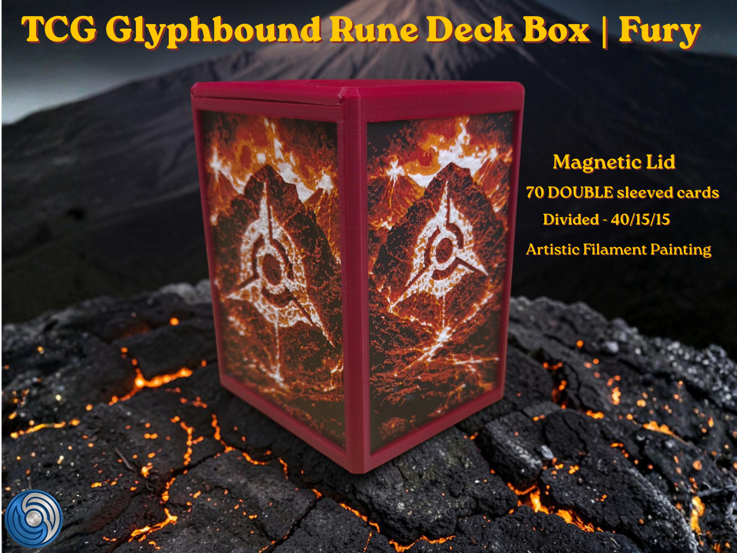 TCG Glyphbound Rune Deck Box Fury edition, UK made 3D printed magnetic lid, artistic filament painting volcanic fire rune design, holds 70 double sleeved cards divided 40/15/15, commander card display window with free premium toploader included, compatible with MTG Commander EDH, One Piece TCG, Disney Lorcana, Flesh and Blood, Yu-Gi-Oh, Pokémon TCG, small TCG deck box, divided deck box, HueForge art deck box, red deck box, fire themed card storage, tabletop gaming accessories, gift for MTG player, UK made c