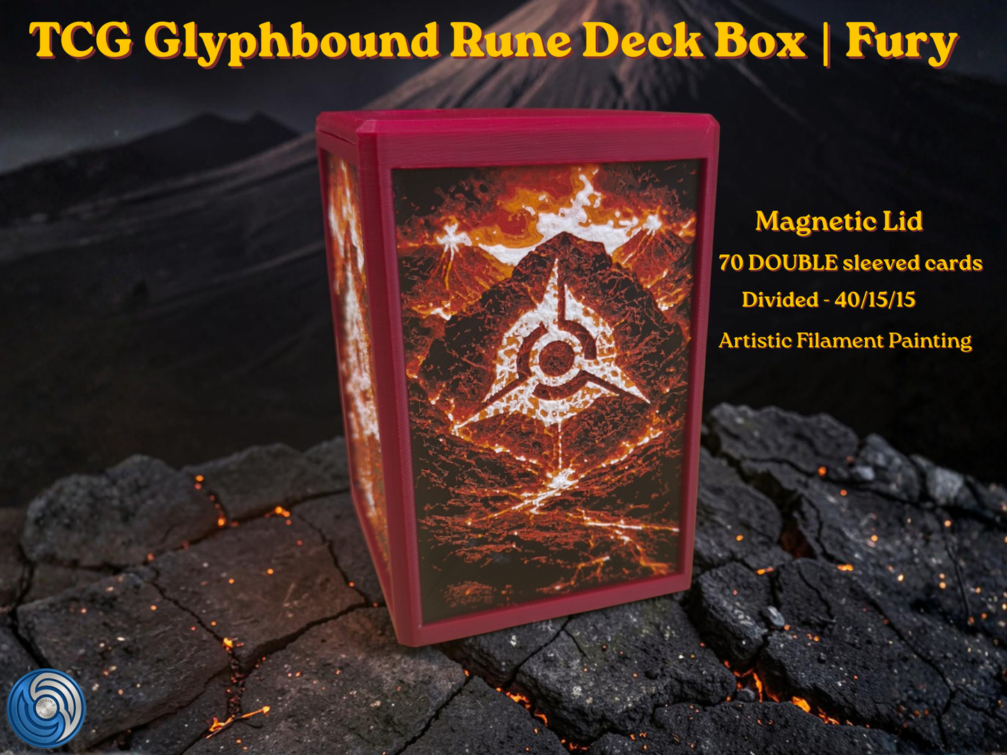 TCG Glyphbound Rune Deck Box Fury edition, UK made 3D printed magnetic lid, artistic filament painting volcanic fire rune design, holds 70 double sleeved cards divided 40/15/15, commander card display window with free premium toploader included, compatible with MTG Commander EDH, One Piece TCG, Disney Lorcana, Flesh and Blood, Yu-Gi-Oh, Pokémon TCG, small TCG deck box, divided deck box, HueForge art deck box, red deck box, fire themed card storage, tabletop gaming accessories, gift for MTG player, UK made c