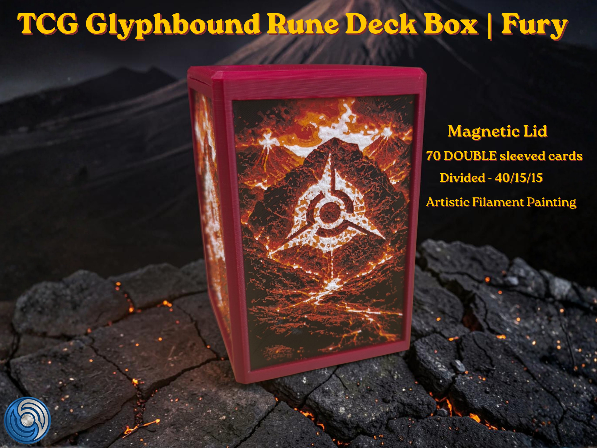 TCG Glyphbound Rune Deck Box Fury edition, UK made 3D printed magnetic lid, artistic filament painting volcanic fire rune design, holds 70 double sleeved cards divided 40/15/15, commander card display window with free premium toploader included, compatible with MTG Commander EDH, One Piece TCG, Disney Lorcana, Flesh and Blood, Yu-Gi-Oh, Pokémon TCG, small TCG deck box, divided deck box, HueForge art deck box, red deck box, fire themed card storage, tabletop gaming accessories, gift for MTG player, UK made c
