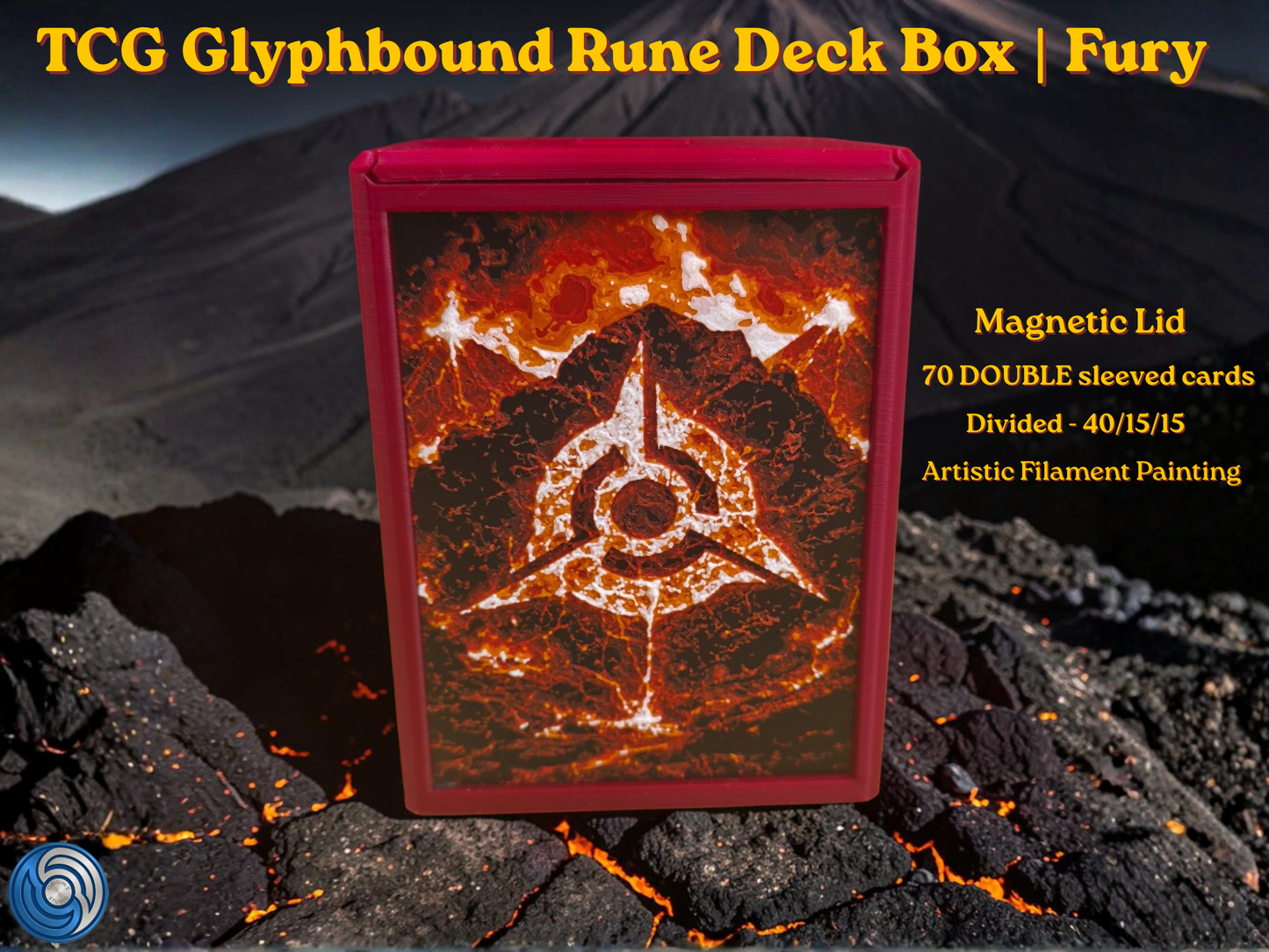 TCG Glyphbound Rune Deck Box Fury edition, UK made 3D printed magnetic lid, artistic filament painting volcanic fire rune design, holds 70 double sleeved cards divided 40/15/15, commander card display window with free premium toploader included, compatible with MTG Commander EDH, One Piece TCG, Disney Lorcana, Flesh and Blood, Yu-Gi-Oh, Pokémon TCG, small TCG deck box, divided deck box, HueForge art deck box, red deck box, fire themed card storage, tabletop gaming accessories, gift for MTG player, UK made c