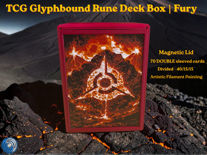 TCG Glyphbound Rune Deck Box Fury edition, UK made 3D printed magnetic lid, artistic filament painting volcanic fire rune design, holds 70 double sleeved cards divided 40/15/15, commander card display window with free premium toploader included, compatible with MTG Commander EDH, One Piece TCG, Disney Lorcana, Flesh and Blood, Yu-Gi-Oh, Pokémon TCG, small TCG deck box, divided deck box, HueForge art deck box, red deck box, fire themed card storage, tabletop gaming accessories, gift for MTG player, UK made c