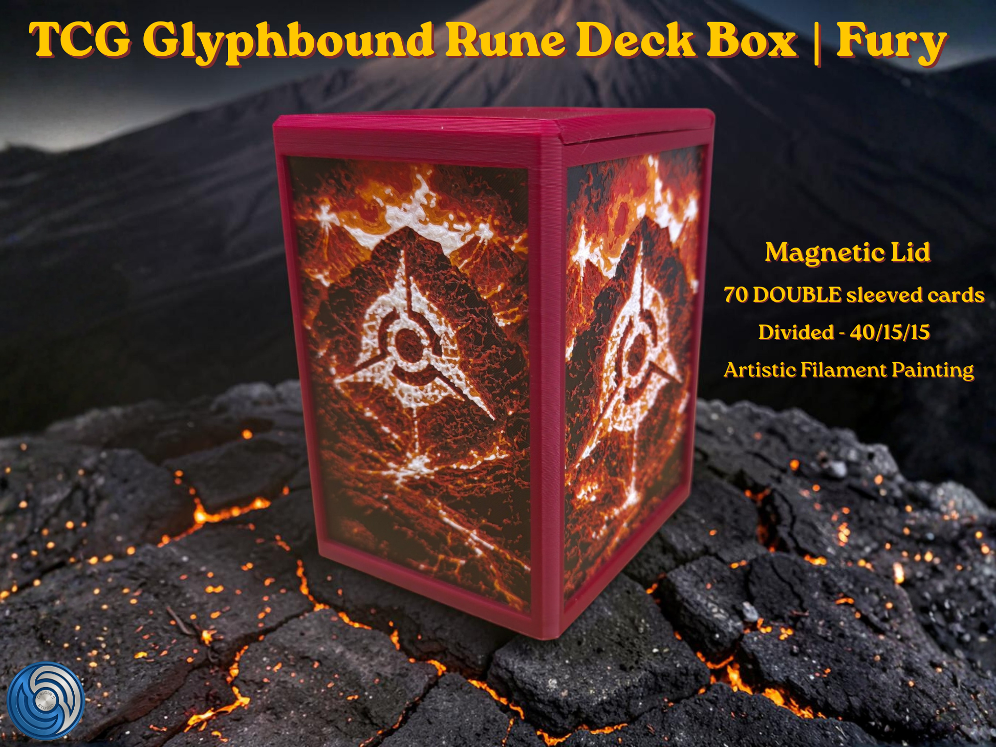 TCG Glyphbound Rune Deck Box Fury edition, UK made 3D printed magnetic lid, artistic filament painting volcanic fire rune design, holds 70 double sleeved cards divided 40/15/15, commander card display window with free premium toploader included, compatible with MTG Commander EDH, One Piece TCG, Disney Lorcana, Flesh and Blood, Yu-Gi-Oh, Pokémon TCG, small TCG deck box, divided deck box, HueForge art deck box, red deck box, fire themed card storage, tabletop gaming accessories, gift for MTG player, UK made c