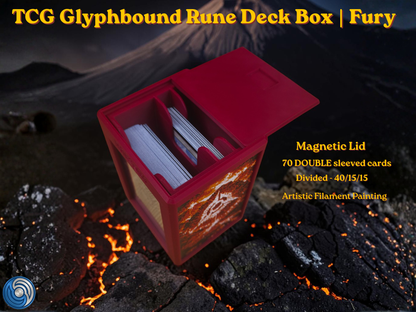 TCG Glyphbound Rune Deck Box Fury edition, UK made 3D printed magnetic lid, artistic filament painting volcanic fire rune design, holds 70 double sleeved cards divided 40/15/15, commander card display window with free premium toploader included, compatible with MTG Commander EDH, One Piece TCG, Disney Lorcana, Flesh and Blood, Yu-Gi-Oh, Pokémon TCG, small TCG deck box, divided deck box, HueForge art deck box, red deck box, fire themed card storage, tabletop gaming accessories, gift for MTG player, UK made c