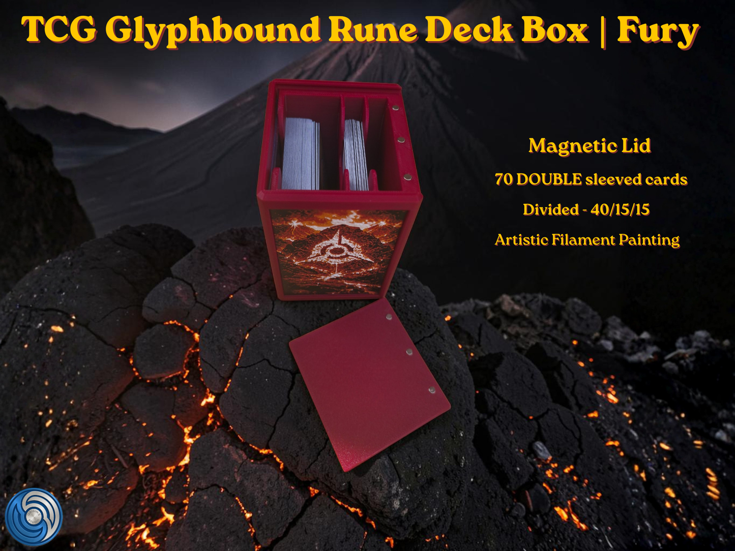 TCG Glyphbound Rune Deck Box Fury edition, UK made 3D printed magnetic lid, artistic filament painting volcanic fire rune design, holds 70 double sleeved cards divided 40/15/15, commander card display window with free premium toploader included, compatible with MTG Commander EDH, One Piece TCG, Disney Lorcana, Flesh and Blood, Yu-Gi-Oh, Pokémon TCG, small TCG deck box, divided deck box, HueForge art deck box, red deck box, fire themed card storage, tabletop gaming accessories, gift for MTG player, UK made c