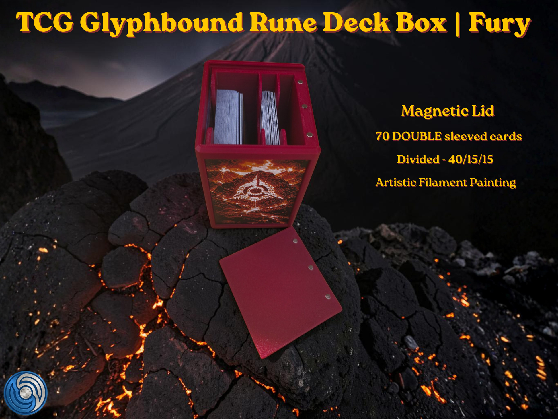 TCG Glyphbound Rune Deck Box Fury edition, UK made 3D printed magnetic lid, artistic filament painting volcanic fire rune design, holds 70 double sleeved cards divided 40/15/15, commander card display window with free premium toploader included, compatible with MTG Commander EDH, One Piece TCG, Disney Lorcana, Flesh and Blood, Yu-Gi-Oh, Pokémon TCG, small TCG deck box, divided deck box, HueForge art deck box, red deck box, fire themed card storage, tabletop gaming accessories, gift for MTG player, UK made c