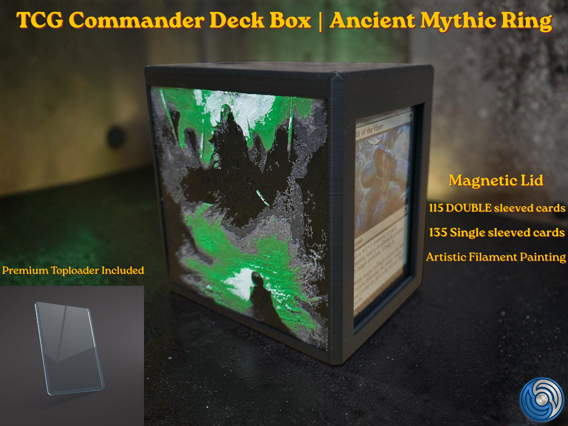 Glyphbound Calm Rune Riftbound Magnetic TCG Deck Box | HueForge Multi-Colour Art Panel | Green Calm Rune Edition | Compatible with Riftbound, Pokémon TCG, Yu-Gi-Oh! and MTG Draft | Holds 70 Double Sleeved Cards | UK Made by Origin·S Studio Rotherham | Gift for TCG Player