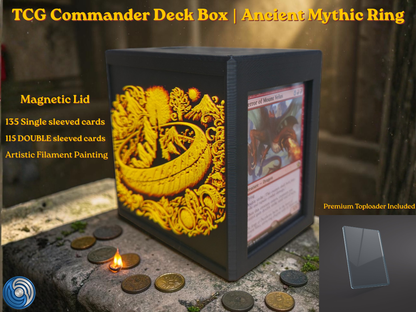 Black 3D printed TCG Commander deck box placed on a stone ritual altar background with glowing coins. The front face features a highly detailed, textured 2.5D filament painting in vibrant gold and yellow, depicting an ancient fantasy spellbook cover with an inscribed burning mythic ring. Text overlay highlights a magnetic lid and a capacity of 115 double-sleeved or 135 single-sleeved cards.