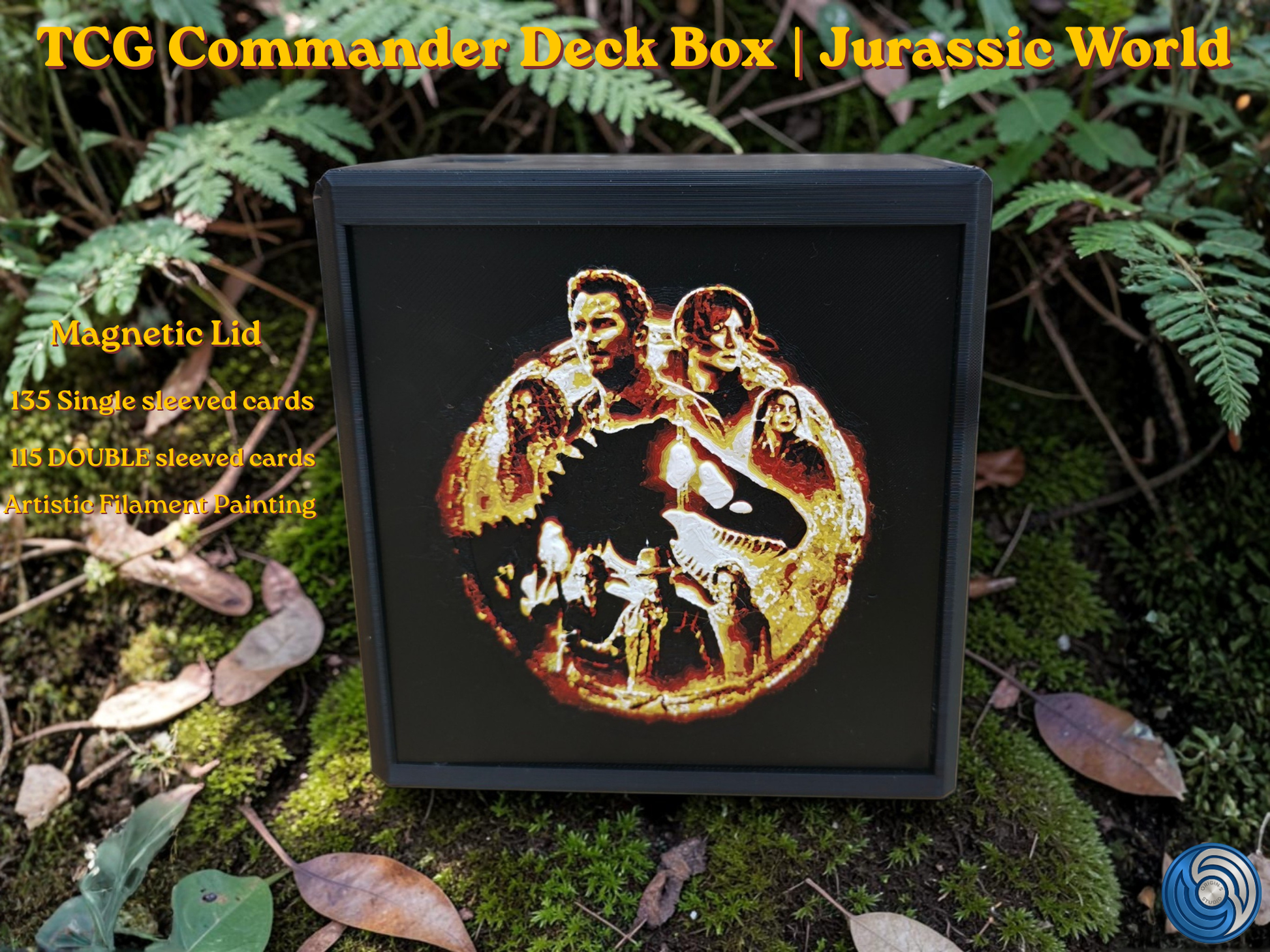 Jurassic World themed TCG Commander deck box, UK made 3D printed EDH vault with HueForge artistic filament painting dinosaur design, magnetic lid, commander card display window with free premium toploader, holds 115 double sleeved or 135 single sleeved cards, compatible with MTG, One Piece TCG, Disney Lorcana, Flesh and Blood, Yu-Gi-Oh, Pokémon, photographed in jungle forest setting