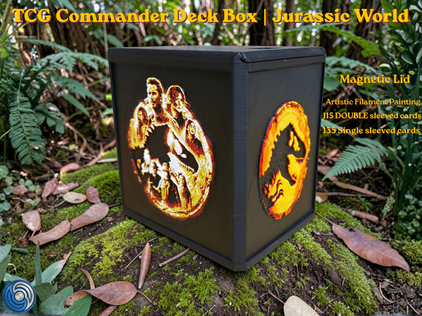 Jurassic World-themed TCG Commander deck box, UK-made 3D-printed EDH vault with HueForge artistic filament painting dinosaur design, magnetic lid, commander card display window with free premium toploader, holds 115 double-sleeved or 135 single-sleeved cards, compatible with MTG, One Piece TCG, Disney Lorcana, Flesh and Blood, Yu-Gi-Oh, Pokémon, photographed in jungle forest setting