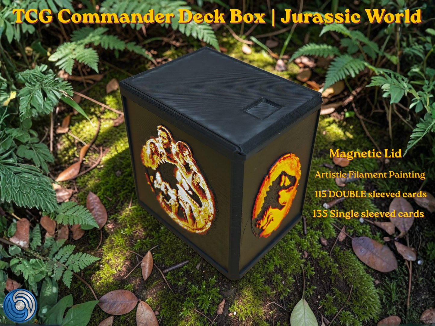 Jurassic World-themed TCG Commander deck box, UK-made 3D-printed EDH vault with HueForge artistic filament painting dinosaur design, magnetic lid, commander card display window with free premium toploader, holds 115 double-sleeved or 135 single-sleeved cards, compatible with MTG, One Piece TCG, Disney Lorcana, Flesh and Blood, Yu-Gi-Oh, Pokémon, photographed in jungle forest setting