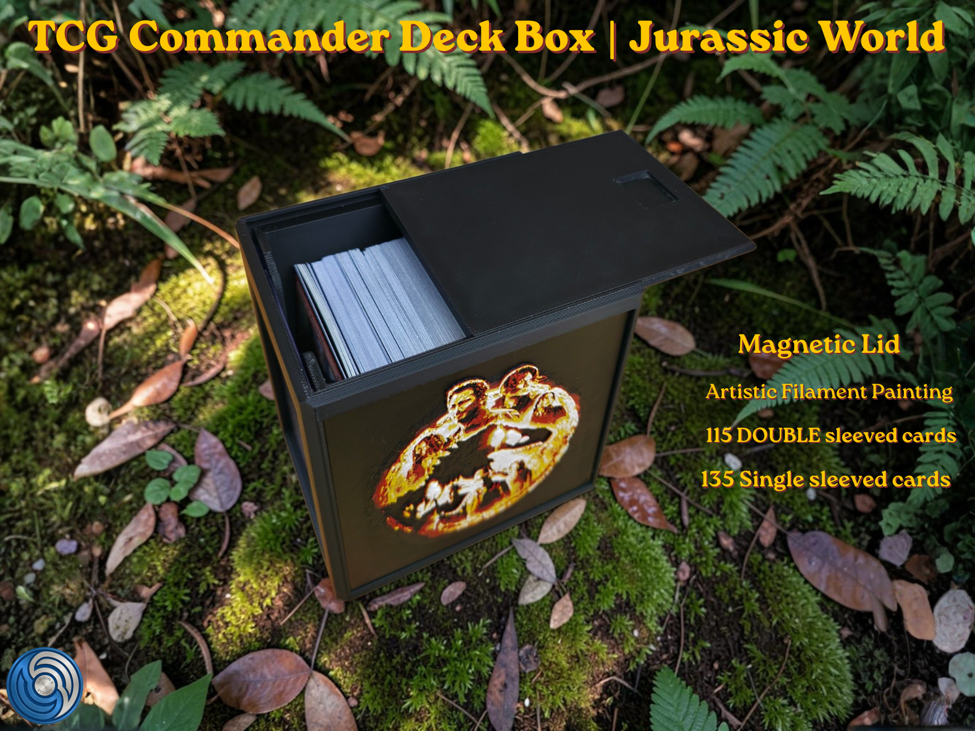 Jurassic World-themed TCG Commander deck box, UK-made 3D-printed EDH vault with HueForge artistic filament painting dinosaur design, magnetic lid, commander card display window with free premium toploader, holds 115 double-sleeved or 135 single-sleeved cards, compatible with MTG, One Piece TCG, Disney Lorcana, Flesh and Blood, Yu-Gi-Oh, Pokémon, photographed in jungle forest setting