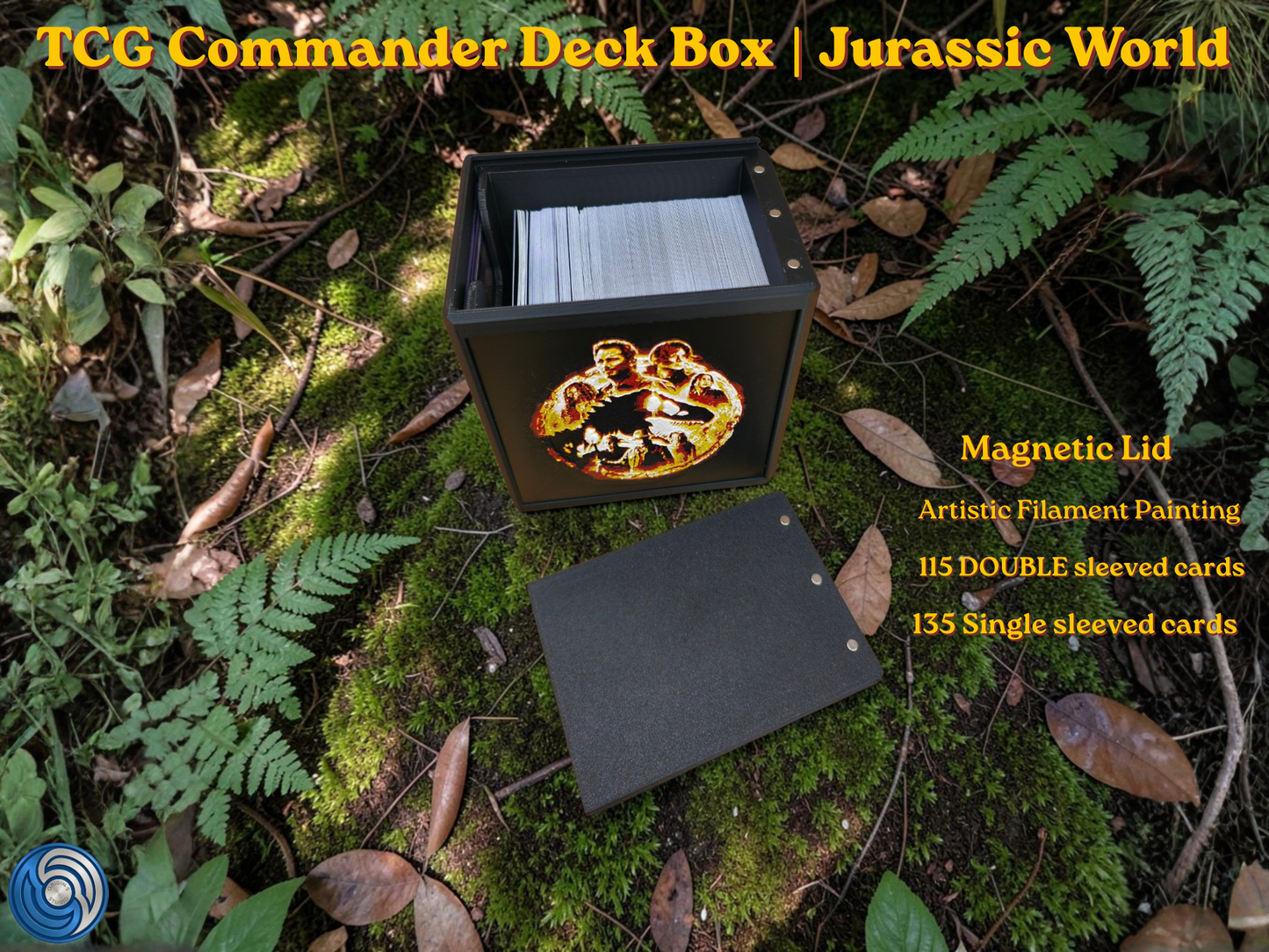 Jurassic World-themed TCG Commander deck box, UK-made 3D-printed EDH vault with HueForge artistic filament painting dinosaur design, magnetic lid, commander card display window with free premium toploader, holds 115 double-sleeved or 135 single-sleeved cards, compatible with MTG, One Piece TCG, Disney Lorcana, Flesh and Blood, Yu-Gi-Oh, Pokémon, photographed in jungle forest setting