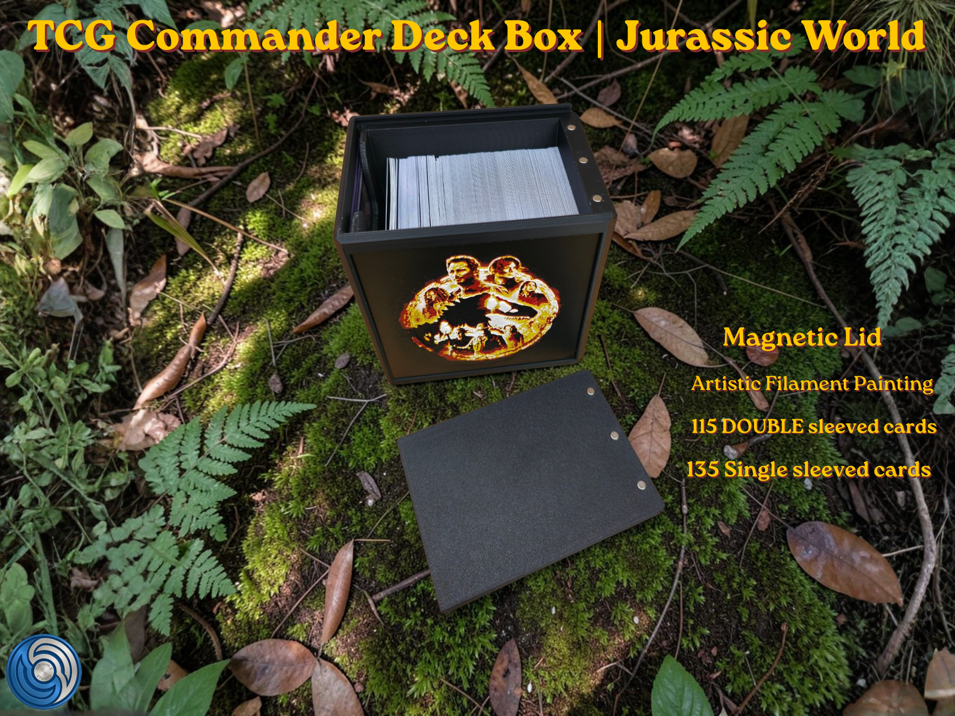 Jurassic World-themed TCG Commander deck box, UK-made 3D-printed EDH vault with HueForge artistic filament painting dinosaur design, magnetic lid, commander card display window with free premium toploader, holds 115 double-sleeved or 135 single-sleeved cards, compatible with MTG, One Piece TCG, Disney Lorcana, Flesh and Blood, Yu-Gi-Oh, Pokémon, photographed in jungle forest setting