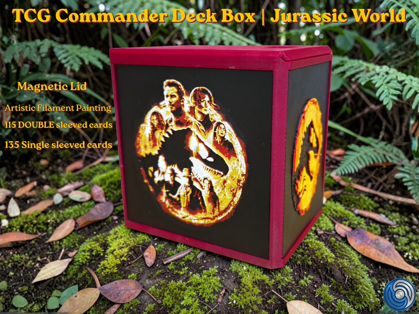 Jurassic World-themed TCG Commander deck box, UK-made 3D-printed EDH vault with HueForge artistic filament painting dinosaur design, magnetic lid, commander card display window with free premium toploader, holds 115 double-sleeved or 135 single-sleeved cards, compatible with MTG, One Piece TCG, Disney Lorcana, Flesh and Blood, Yu-Gi-Oh, Pokémon, photographed in jungle forest setting