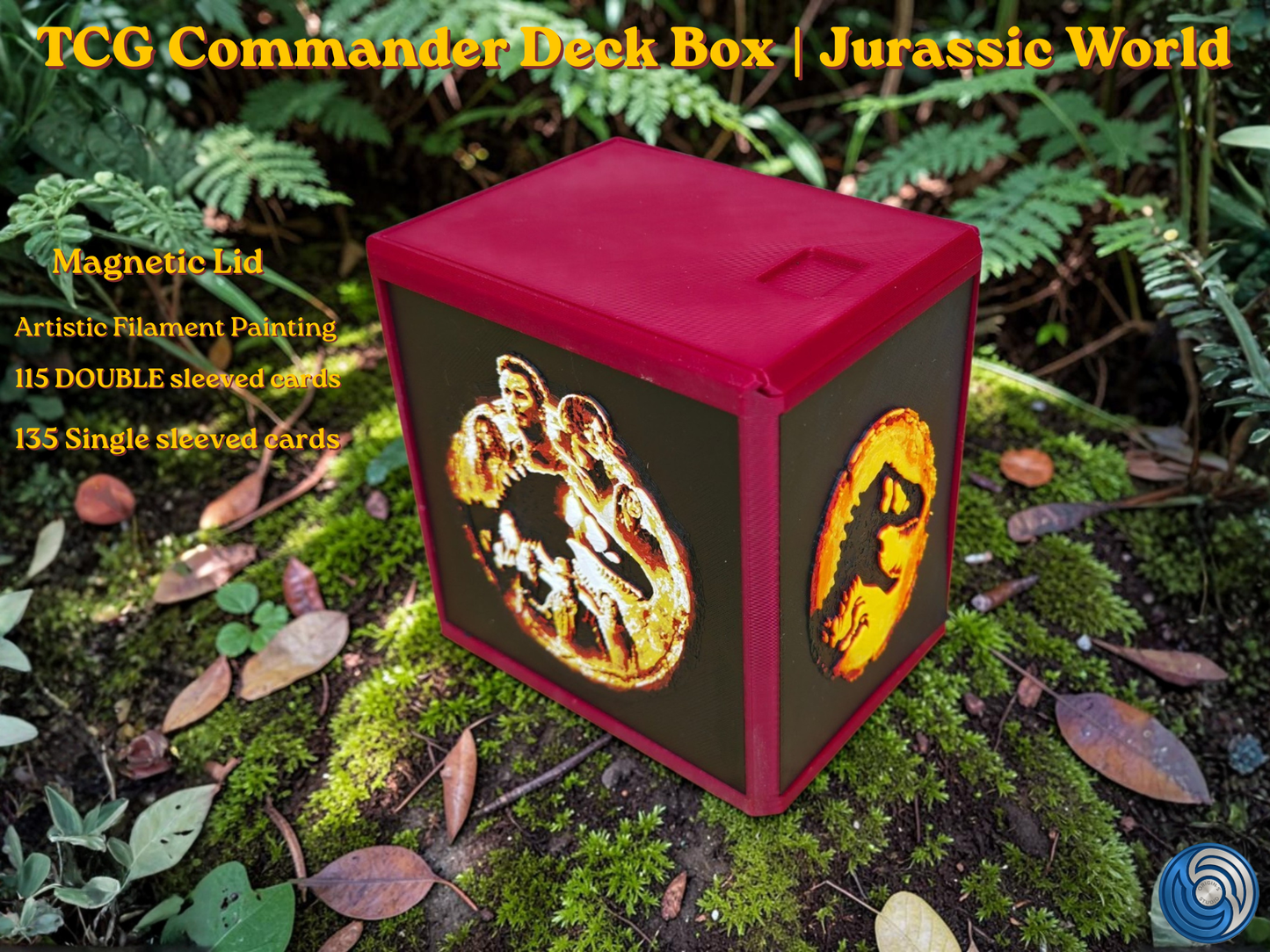 Jurassic World-themed TCG Commander deck box, UK-made 3D-printed EDH vault with HueForge artistic filament painting dinosaur design, magnetic lid, commander card display window with free premium toploader, holds 115 double-sleeved or 135 single-sleeved cards, compatible with MTG, One Piece TCG, Disney Lorcana, Flesh and Blood, Yu-Gi-Oh, Pokémon, photographed in jungle forest setting