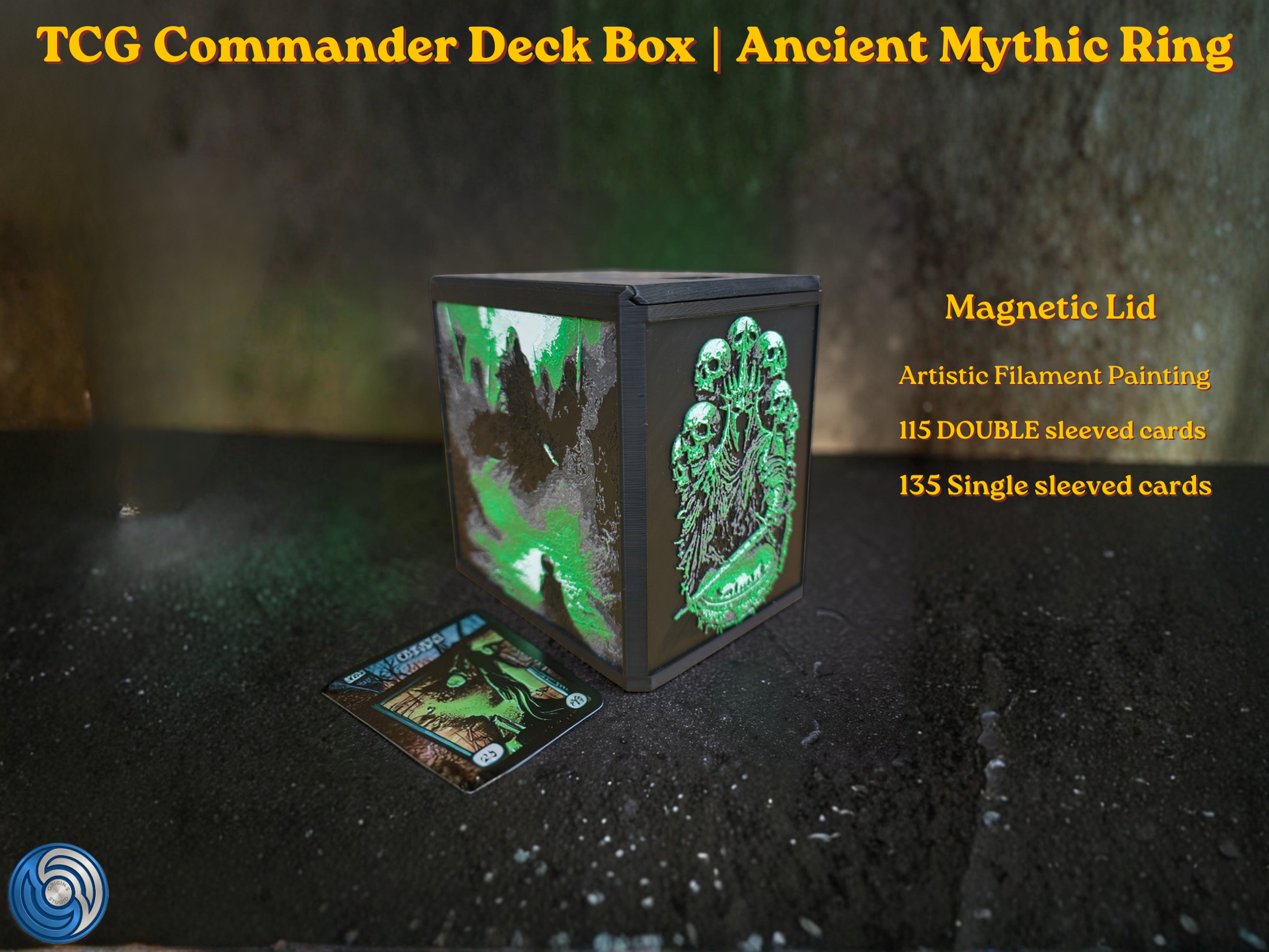 Glyphbound Calm Rune Riftbound Magnetic TCG Deck Box | HueForge Multi-Colour Art Panel | Green Calm Rune Edition | Compatible with Riftbound, Pokémon TCG, Yu-Gi-Oh! and MTG Draft | Holds 70 Double Sleeved Cards | UK Made by Origin·S Studio Rotherham | Gift for TCG Player