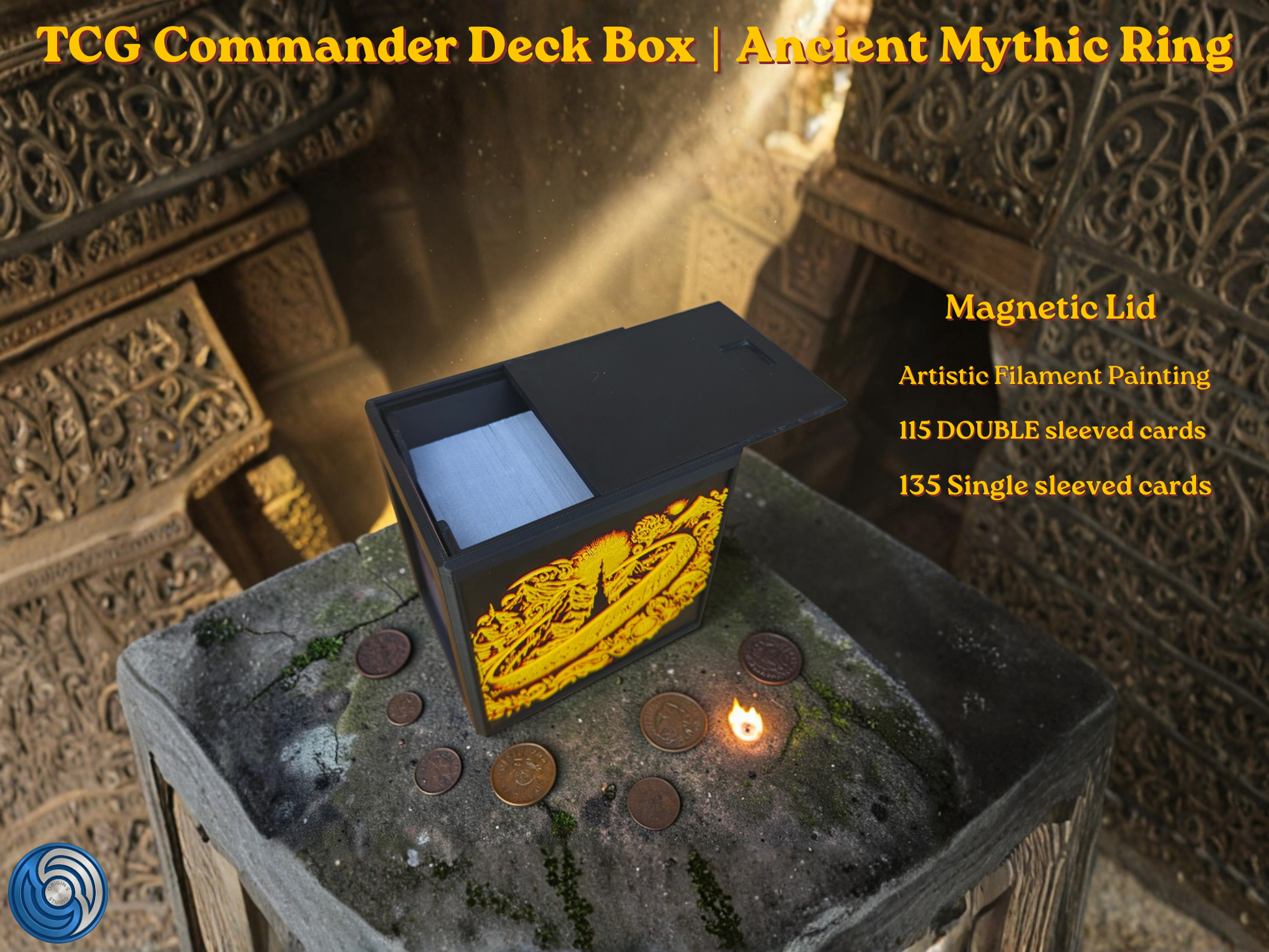 Black 3D printed TCG Commander deck box placed on a stone ritual altar background with glowing coins. The front face features a highly detailed, textured 2.5D filament painting in vibrant gold and yellow, depicting an ancient fantasy spellbook cover with an inscribed burning mythic ring. Text overlay highlights a magnetic lid and a capacity of 115 double-sleeved or 135 single-sleeved cards.
