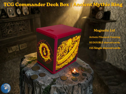 Black 3D printed TCG Commander deck box placed on a stone ritual altar background with glowing coins. The front face features a highly detailed, textured 2.5D filament painting in vibrant gold and yellow, depicting an ancient fantasy spellbook cover with an inscribed burning mythic ring. Text overlay highlights a magnetic lid and a capacity of 115 double-sleeved or 135 single-sleeved cards.