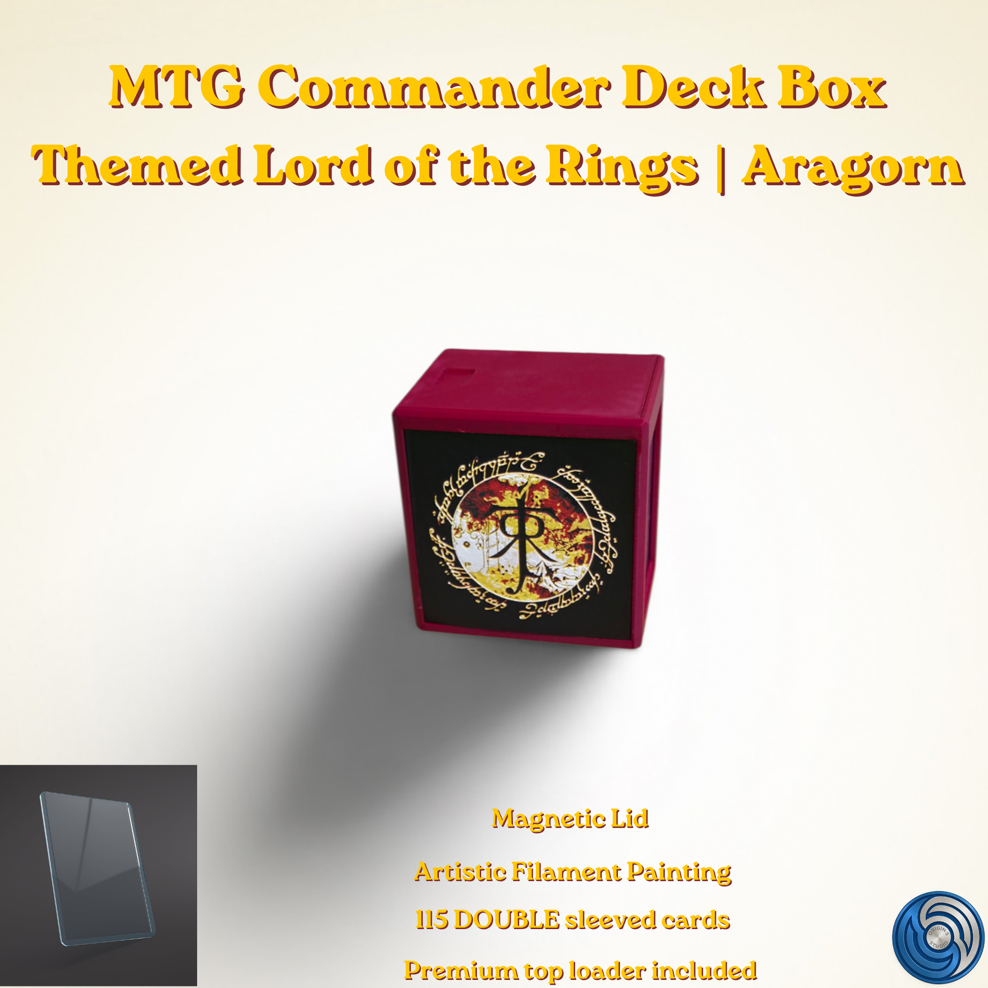 Aragorn King of Gondor MTG Commander deck box — 3D printed PLA+, handcrafted in the UK. Features Aragorn wielding Andúril in crimson and gold, One Ring Elvish rune inscriptions, magnetic closure, holds 115+ double sleeved cards, hero display compartment included. Perfect for MTG EDH, Lord of the Rings TCG, Lorcana and Pokémon TCG fans.