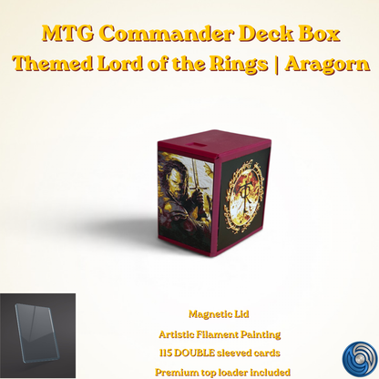 Aragorn King of Gondor MTG Commander deck box — 3D printed PLA+, handcrafted in the UK. Features Aragorn wielding Andúril in crimson and gold, One Ring Elvish rune inscriptions, magnetic closure, holds 115+ double sleeved cards, hero display compartment included. Perfect for MTG EDH, Lord of the Rings TCG, Lorcana and Pokémon TCG fans.