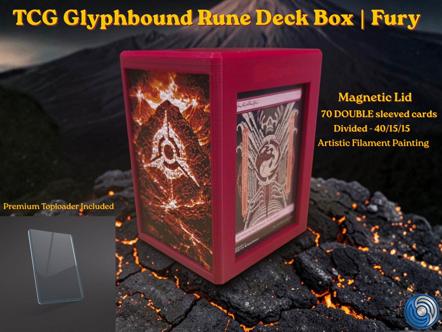 TCG Glyphbound Rune Deck Box Fury edition, UK made 3D printed magnetic lid, artistic filament painting volcanic fire rune design, holds 70 double sleeved cards divided 40/15/15, commander card display window with free premium toploader included, compatible with MTG Commander EDH, One Piece TCG, Disney Lorcana, Flesh and Blood, Yu-Gi-Oh, Pokémon TCG, small TCG deck box, divided deck box, HueForge art deck box, red deck box, fire themed card storage, tabletop gaming accessories, gift for MTG player, UK made c
