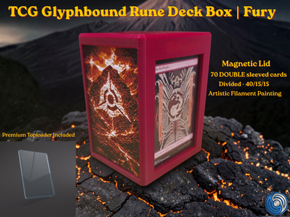 TCG Glyphbound Rune Deck Box Fury edition, UK made 3D printed magnetic lid, artistic filament painting volcanic fire rune design, holds 70 double sleeved cards divided 40/15/15, commander card display window with free premium toploader included, compatible with MTG Commander EDH, One Piece TCG, Disney Lorcana, Flesh and Blood, Yu-Gi-Oh, Pokémon TCG, small TCG deck box, divided deck box, HueForge art deck box, red deck box, fire themed card storage, tabletop gaming accessories, gift for MTG player, UK made c