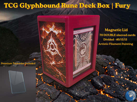TCG Glyphbound Rune Deck Box Fury edition, UK made 3D printed magnetic lid, artistic filament painting volcanic fire rune design, holds 70 double sleeved cards divided 40/15/15, commander card display window with free premium toploader included, compatible with MTG Commander EDH, One Piece TCG, Disney Lorcana, Flesh and Blood, Yu-Gi-Oh, Pokémon TCG, small TCG deck box, divided deck box, HueForge art deck box, red deck box, fire themed card storage, tabletop gaming accessories, gift for MTG player, UK made c