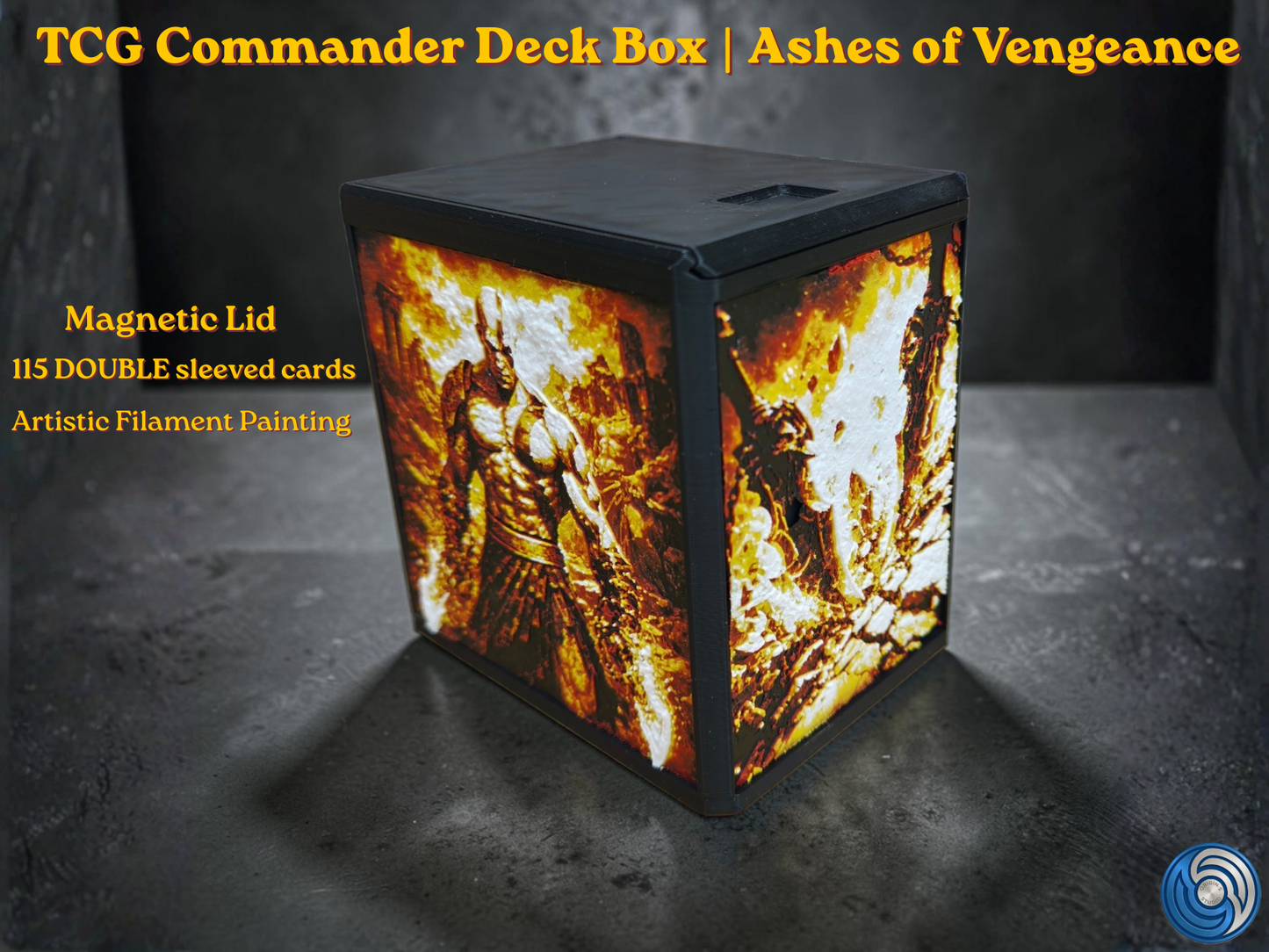 Premium MTG Commander Vault Box for TCG decks, featuring a custom 3D printed, textured relief panels, and a secure storage vault for 100+ sleeved cards. Ashes of Vengeance