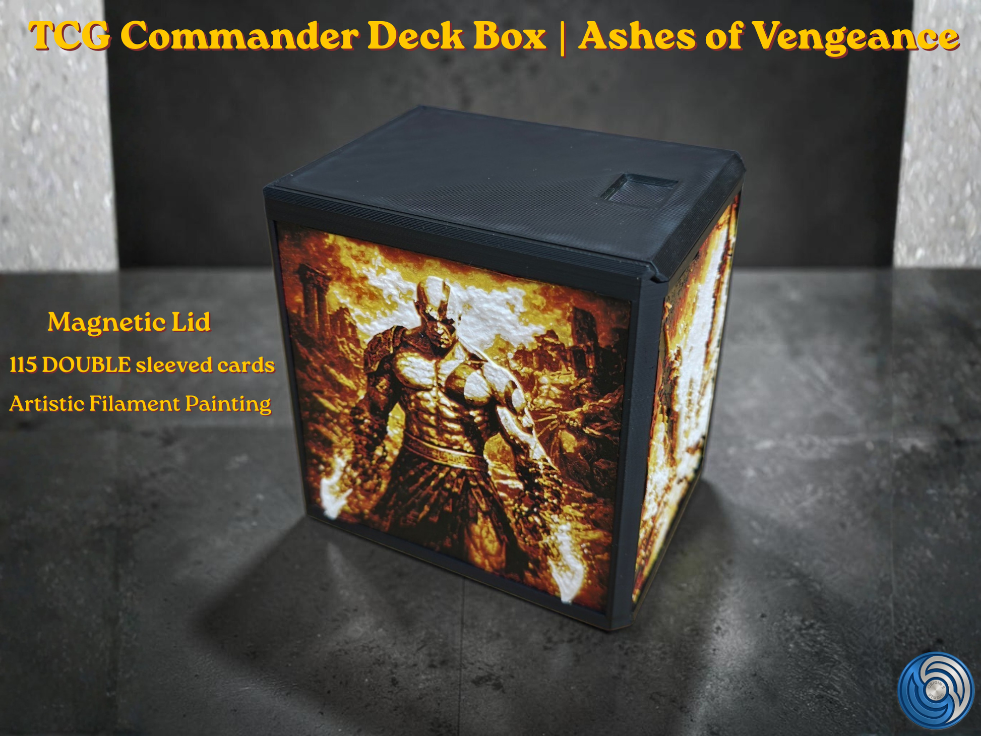 Premium MTG Commander Vault Box for TCG decks, featuring a custom 3D printed, textured relief panels, and a secure storage vault for 100+ sleeved cards. Ashes of Vengeance