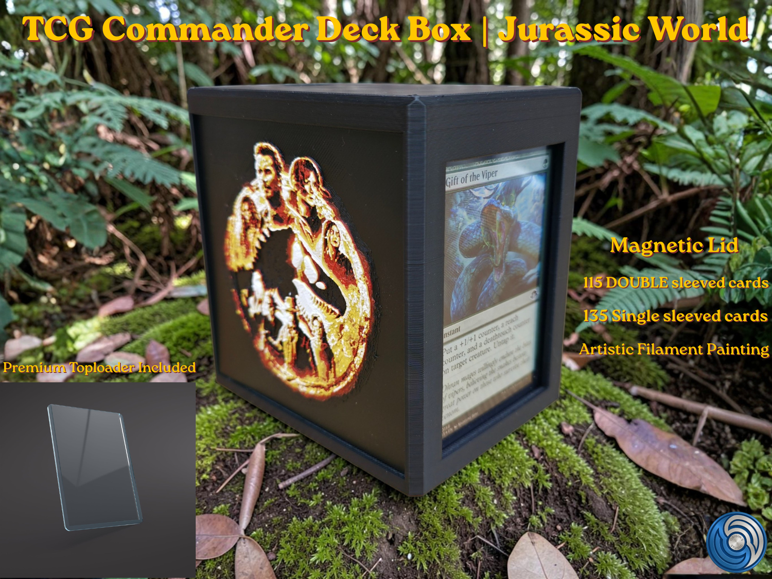 Jurassic World themed TCG Commander deck box, UK made 3D printed EDH vault with HueForge artistic filament painting dinosaur design, magnetic lid, commander card display window with free premium toploader, holds 115 double sleeved or 135 single sleeved cards, compatible with MTG, One Piece TCG, Disney Lorcana, Flesh and Blood, Yu-Gi-Oh, Pokémon, photographed in jungle forest setting