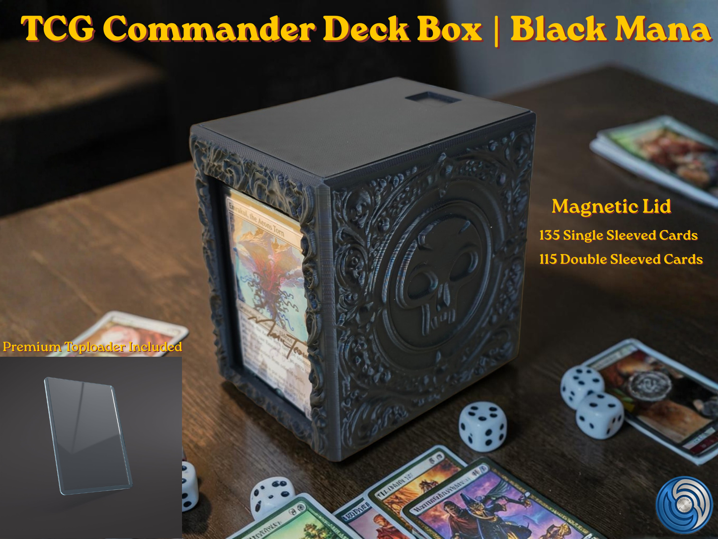 Black Mana Embossed 3D Printed Magnetic MTG Commander EDH Deck Box | Holds 100+ Double Sleeved Cards | Compatible with Magic The Gathering Commander, One Piece TCG, Disney Lorcana, Flesh and Blood | Premium PLA+ Card Vault | Available in Black and Grey | UK Made by Origin·S Studio Rotherham | Gift for TCG Player