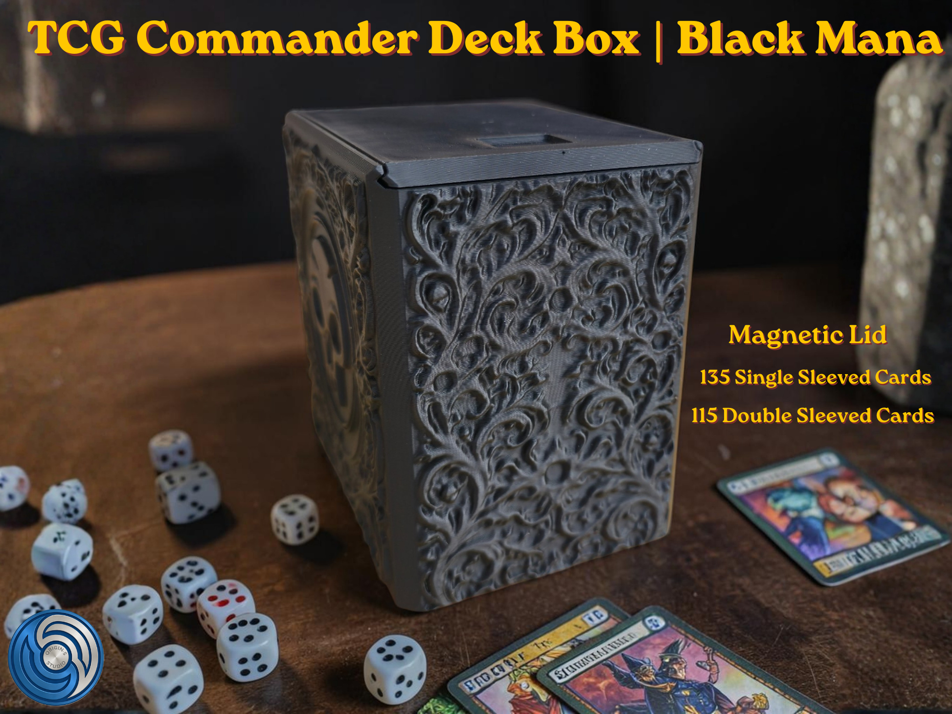 Black Mana Embossed 3D Printed Magnetic MTG Commander EDH Deck Box | Holds 100+ Double Sleeved Cards | Compatible with Magic The Gathering Commander, One Piece TCG, Disney Lorcana, Flesh and Blood | Premium PLA+ Card Vault | Available in Black and Grey | UK Made by Origin·S Studio Rotherham | Gift for TCG Player