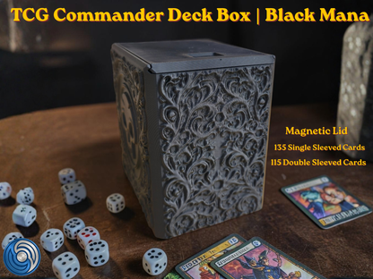 Black Mana Embossed 3D Printed Magnetic MTG Commander EDH Deck Box | Holds 100+ Double Sleeved Cards | Compatible with Magic The Gathering Commander, One Piece TCG, Disney Lorcana, Flesh and Blood | Premium PLA+ Card Vault | Available in Black and Grey | UK Made by Origin·S Studio Rotherham | Gift for TCG Player