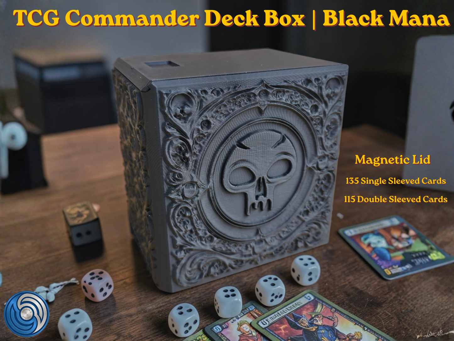 Black Mana Embossed 3D Printed Magnetic MTG Commander EDH Deck Box | Holds 100+ Double Sleeved Cards | Compatible with Magic The Gathering Commander, One Piece TCG, Disney Lorcana, Flesh and Blood | Premium PLA+ Card Vault | Available in Black and Grey | UK Made by Origin·S Studio Rotherham | Gift for TCG Player