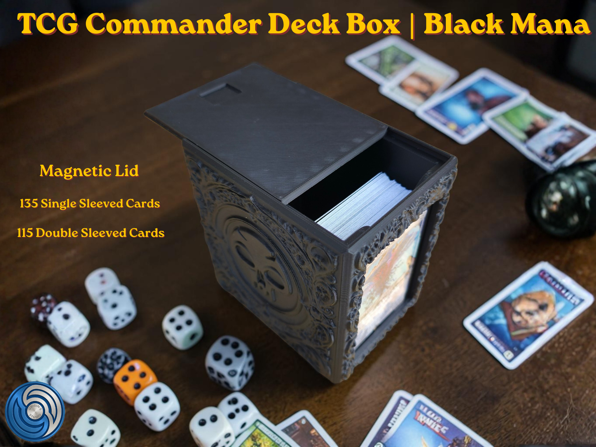 Black Mana Embossed 3D Printed Magnetic MTG Commander EDH Deck Box | Holds 100+ Double Sleeved Cards | Compatible with Magic The Gathering Commander, One Piece TCG, Disney Lorcana, Flesh and Blood | Premium PLA+ Card Vault | Available in Black and Grey | UK Made by Origin·S Studio Rotherham | Gift for TCG Player